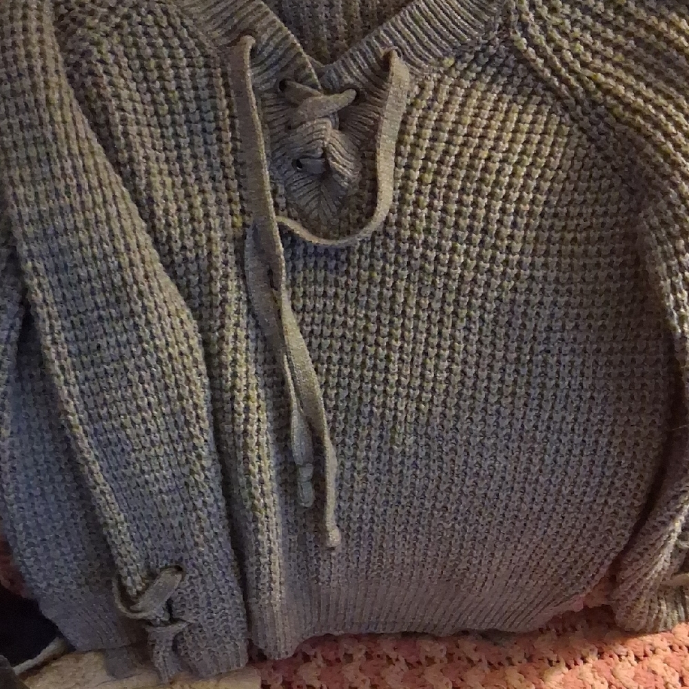 Gray Knit Sweater with Lace-Up Detail